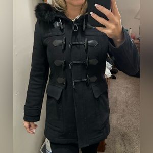 Burberry Brit Black wool winter coat with fur hood size USA8